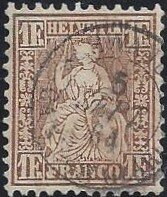 36 a sitzende Helvetia 1 Fr goldbronce/rötlich  Fingerhutstempel Herisau 5.Sept.1864