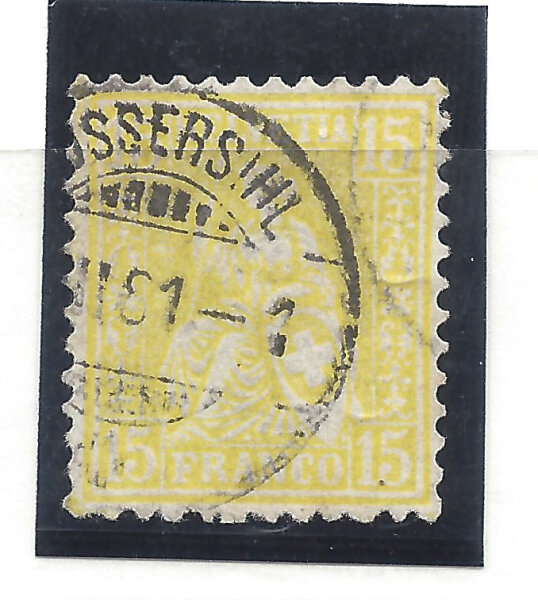 39 sitzende Helvetia 15 Rp gelb Stempel  Aussersihl 1881