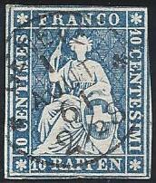 23 G 1858 Strubeli sitzende Helvetia 10Rp blau Zentrumstempel Geneve