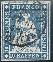 23 G 1858 Strubeli sitzende Helvetia vollrandig u.re berührt Zürich  sign Von der Weid  10Rp blau Stempel Mittag
