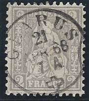 28 sitzende Helvetia 2 Rp grau Zentrumstempel Glarus 21.04.1868