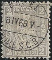 28 sitzende Helvetia 2 Rp grau Vollstempel Basel 8.4.1869