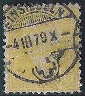 39 sitzende Helvetia 15 Rp gelb gekehrter Vollstempel Einsiedeln 04.03.1879