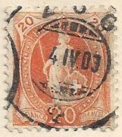 66 E stehende Helvetia 20 Rp. Zug 4.4.1903 LP
