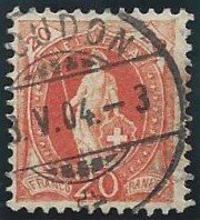 66 E stehende Helvetia 20 Rp. Moudon 5.1904-3